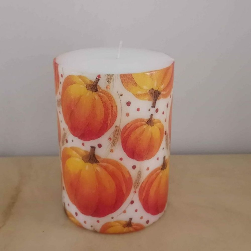 NEW- Short Pillar Candle Fall Decor Pumpkin Decoupage Unscented 3"x4"